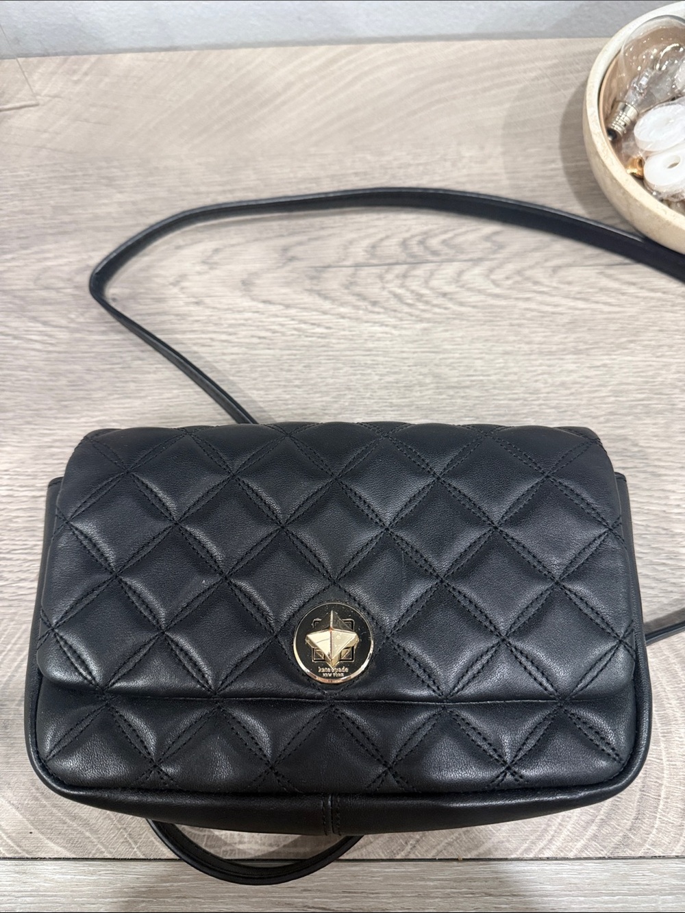 Kate Spade  Black Quilted Crossbody Bag with Gold Turn-Lock